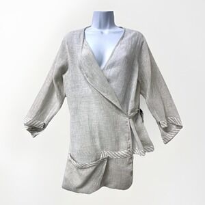 Animale Women's sz 8 Wrap Linen blend Top Beige Striped Trim Long Sleeve NEW